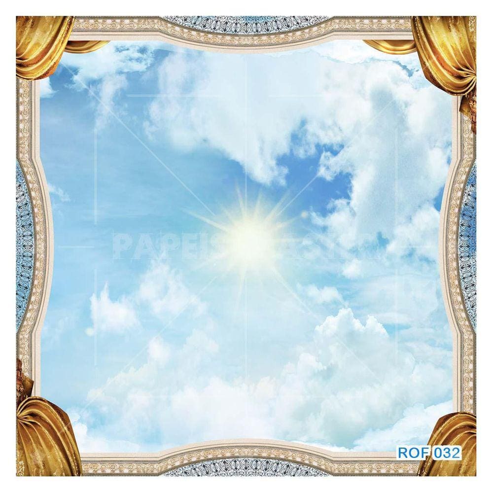 Papel De Teto Céu Azul Nuvens Moldura Impressa 3,5M Rof32