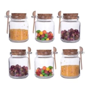 Kit 5 Potes De Vidro Com Tampa Rolha E Colher Madeira 250Ml