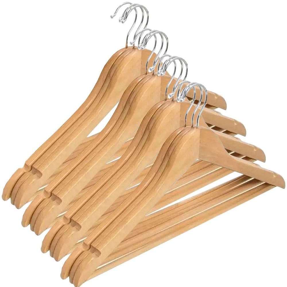 Kit 12 Cabides De Madeira 45Cm Marfim Com Barra Resistente