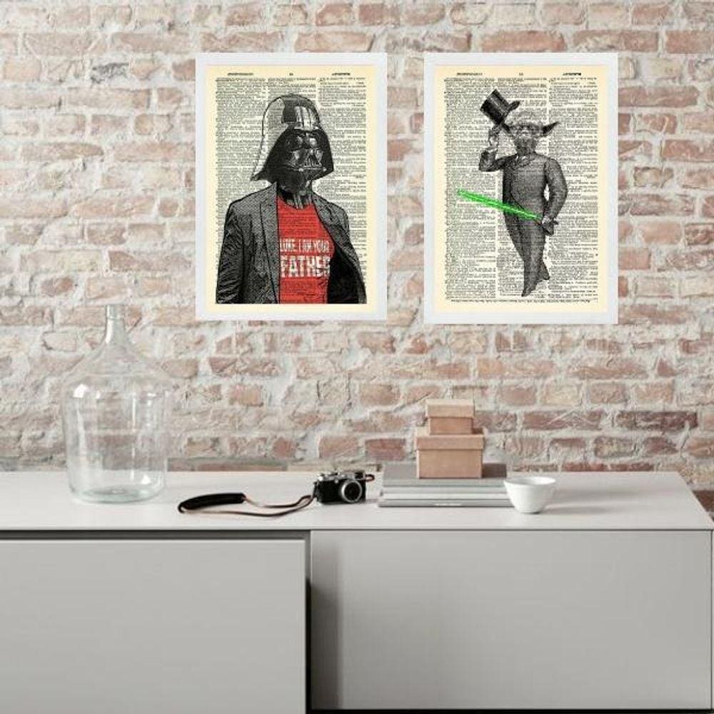 Kit 2 Quadros Vintage Yoda E Vader 24X18Cm