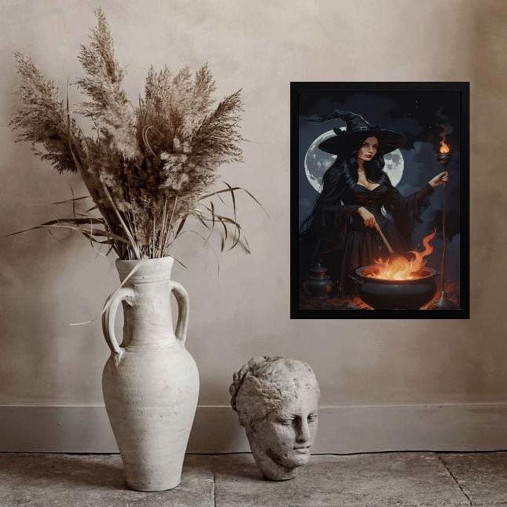 Quadro Wicca Bruxa Com Caldeirão 45X34Cm