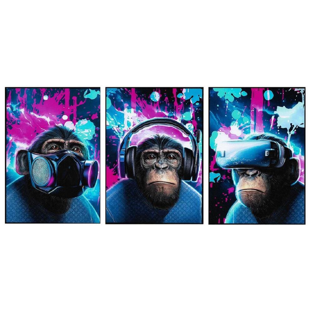 Quadros Decorativos Macacos 3 Peças Sem Moldura