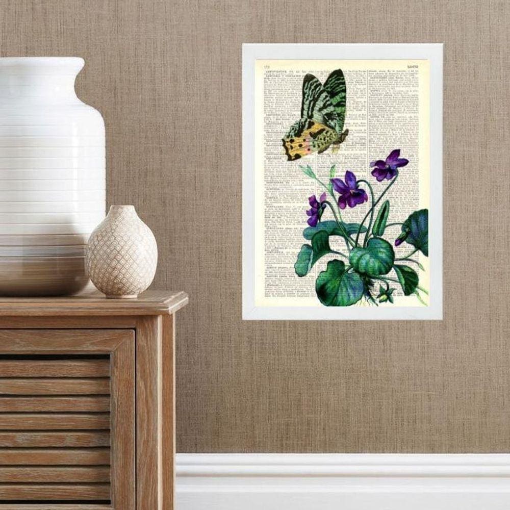 Quadro Borboleta Com Flores - Vintage 24X18Cm - Com Vidro