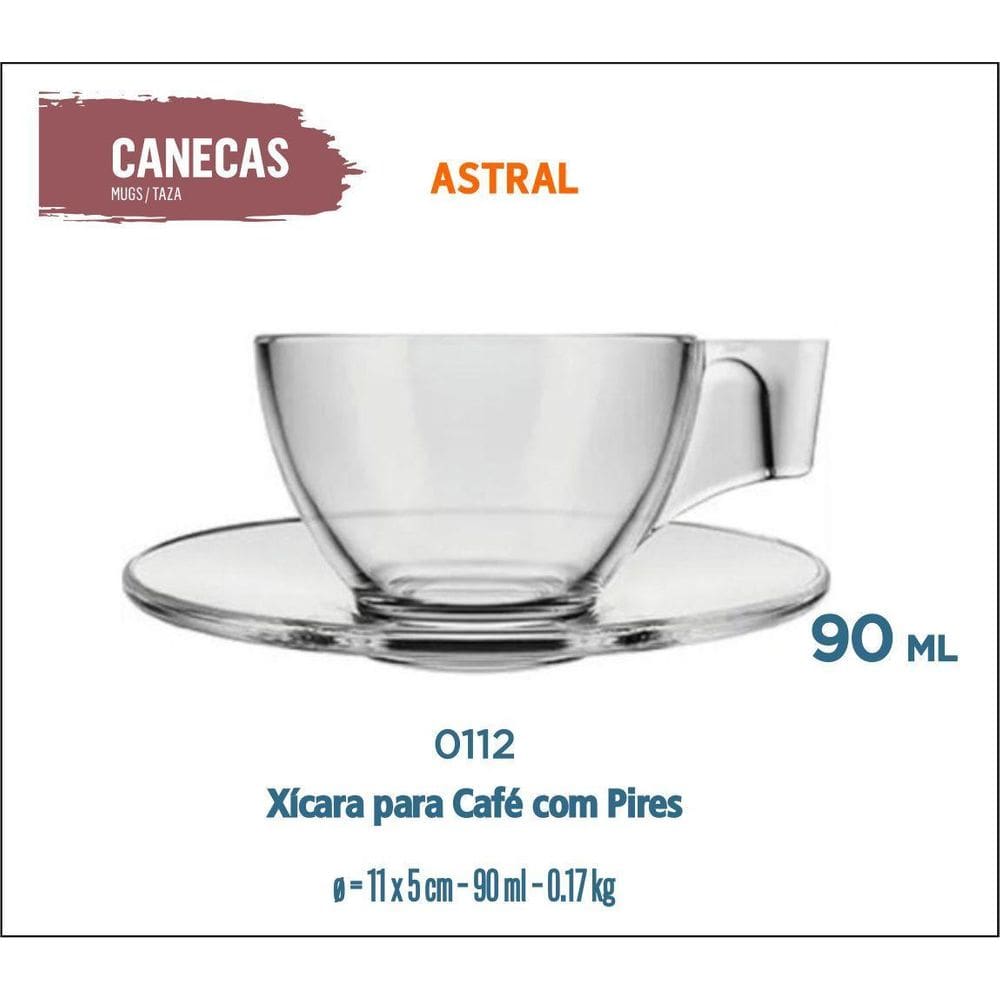 06 Xícaras Café Com Pires Curto Pequeno - Astral 90Ml