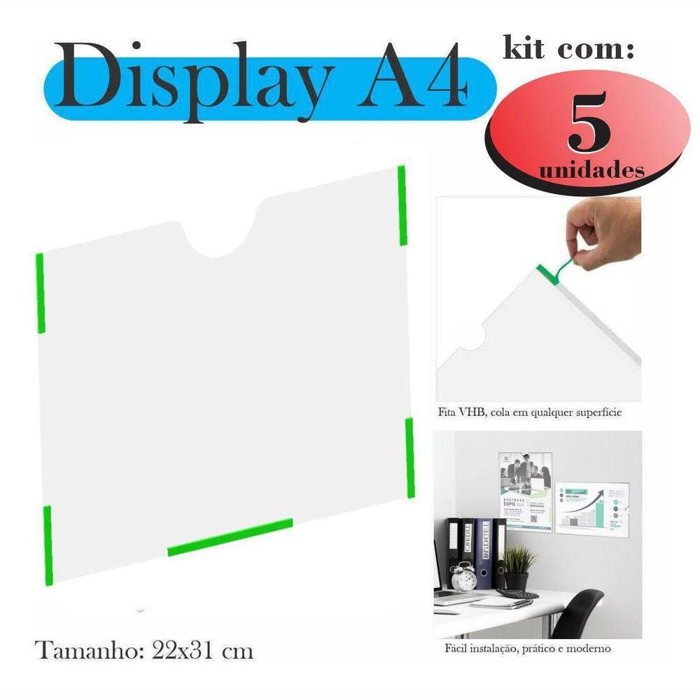 5 Displays A4 Expositor Folha Quadro Horizontal Paisagem Pet
