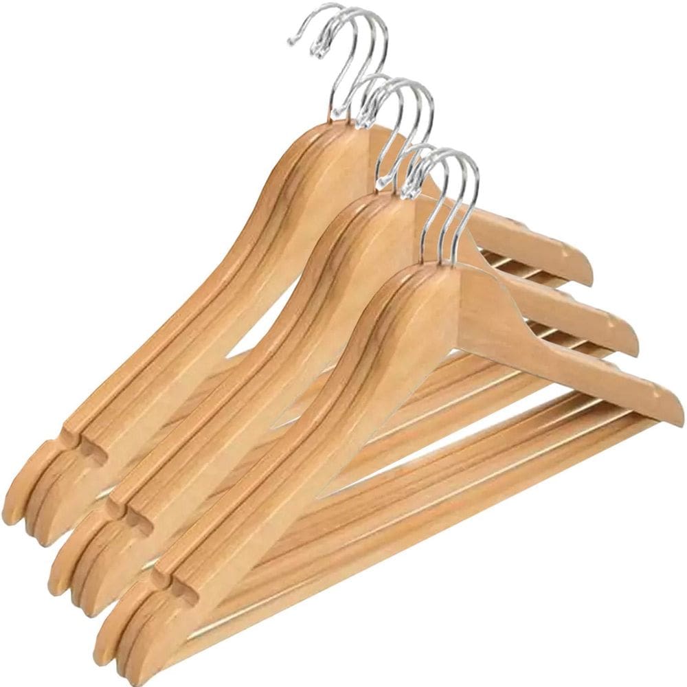 Kit 9 Cabides De Madeira 45Cm Marfim Com Barra Resistente