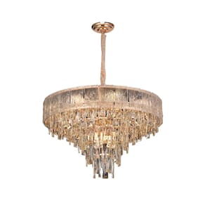 Lustre Redondo Dourado com Cristais e Vidro 60cm 11E14
