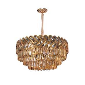 Lustre Redondo Dourado com Cristais Âmbar 60cm 12E14