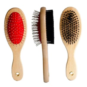 Escova Dupla Pet Cães 21Cm Madeira Remove Pelos Penteia