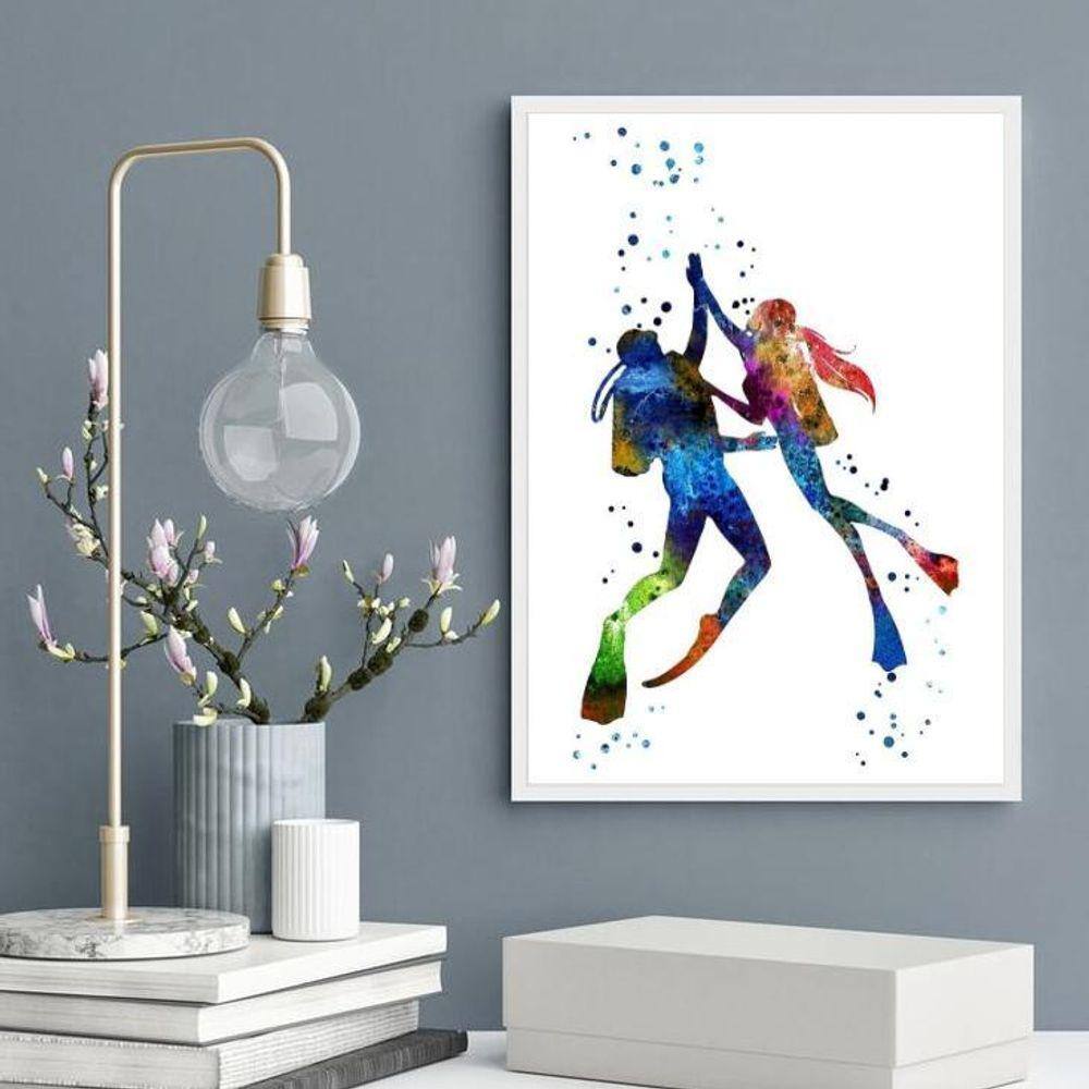 Quadro Aquarela Casal De Mergulhadores 33X24Cm