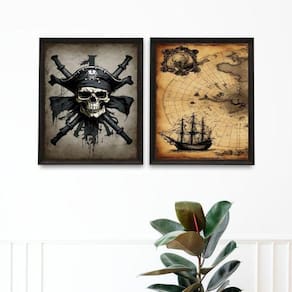Kit 2 Quadros Decorativos Mapa Pirata 45X34Cm