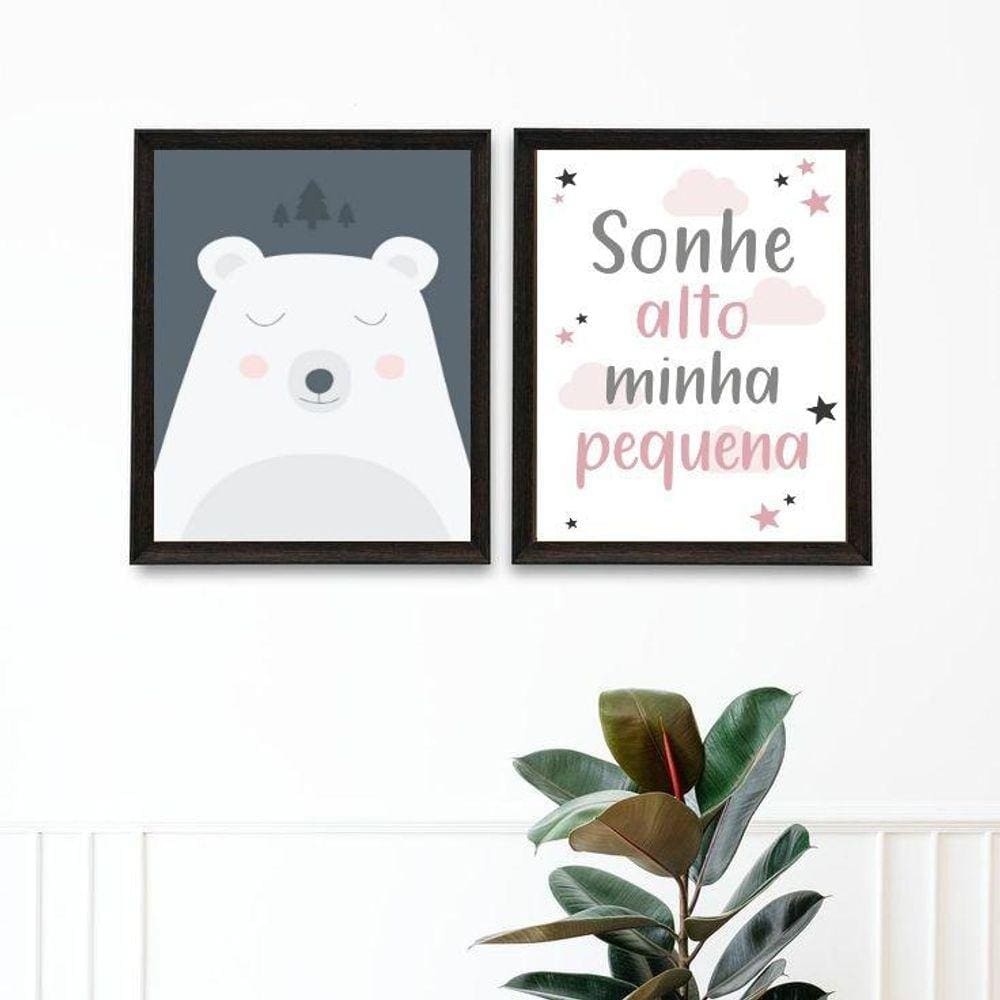 Kit 2 Quadros Quarto Bebê Urso Rosa E Cinza 24X18Cm