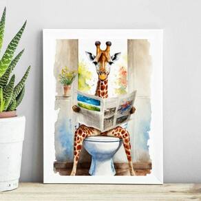 Quadro Banheiro Girafa Lendo Jornal- Aquarela 33X24Cm
