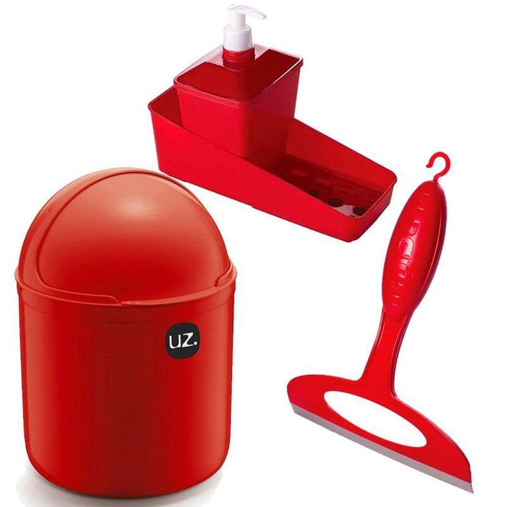 Kit Porta Detergente Dispenser Bucha Pia Rodinho Vermelho