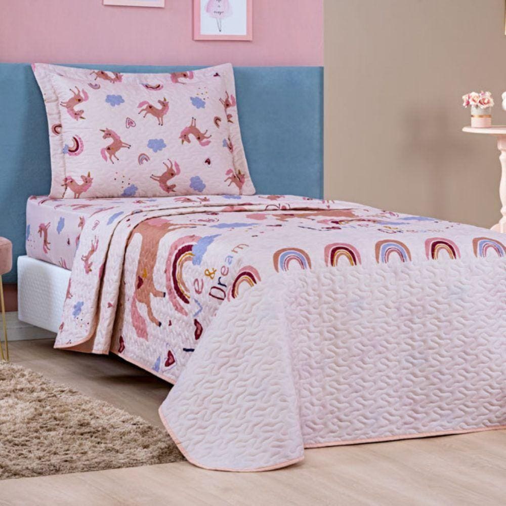 Colcha Solteiro Bouti Kids Dupla Face Estampado 2 Peças Unicornio