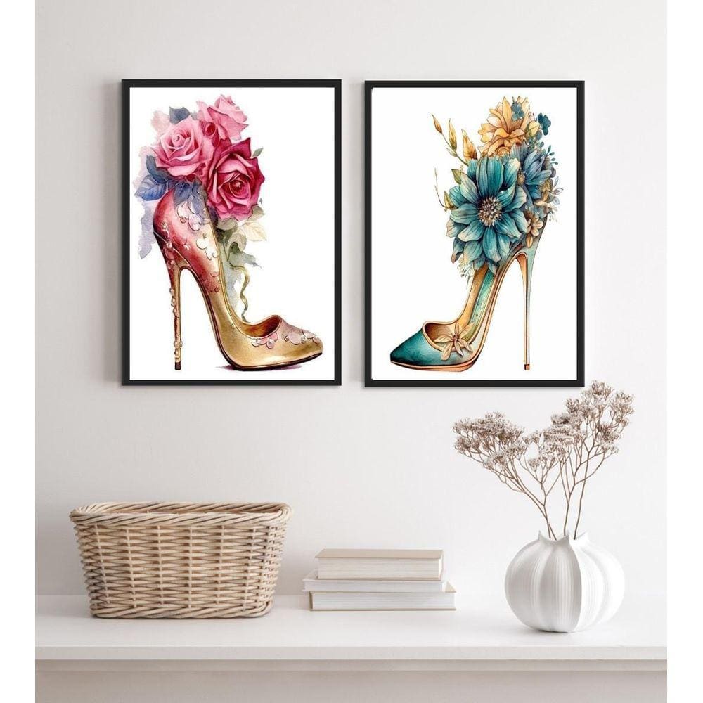 Kit 2 Quadros Sapatos De Salto Com Flores 45X34Cm