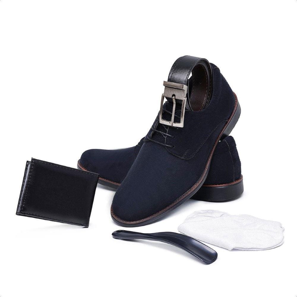 Kit Sapato Oxford Masculino Camurça Premium Cadarço Com Cinto Meia Carteira Slim e Calçadeira