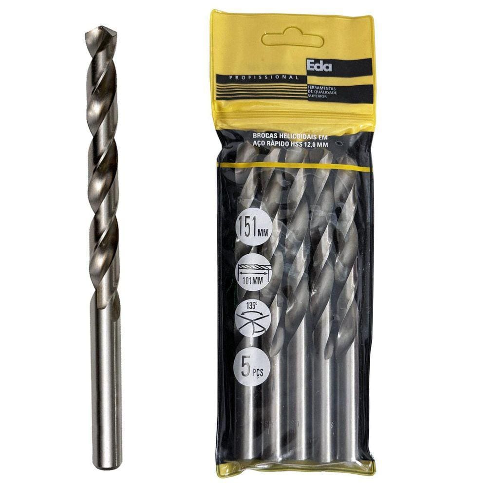 Kit 5 Brocas 12Mm Aço Rápido Hss Para Metal Profissional
