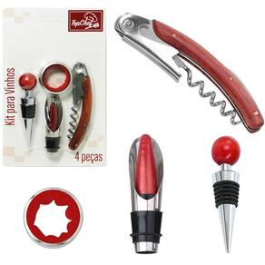 Saca Rolha Kit Vinho Tampa Arejador Corta Gotas 4 Pçs