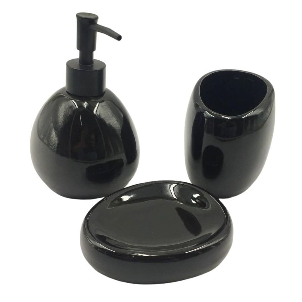 Kit Banheiro Lavabo Cerâmica Acessórios Preto 3 Peças