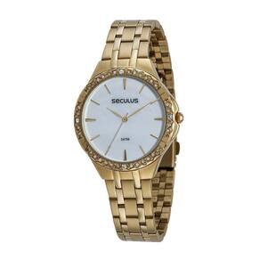 Relógio Seculus Feminino Dourado Strass Kit + Semi Joia