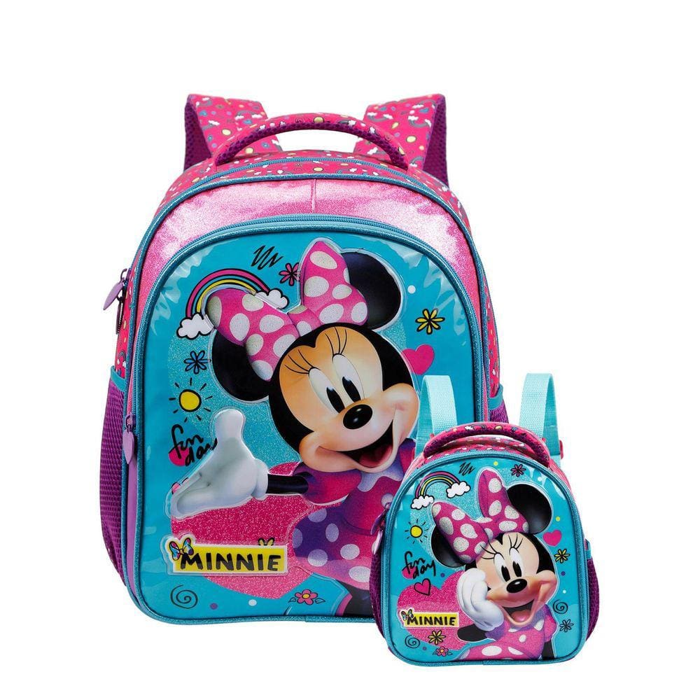 Kit Escolar Minnie Lilás Brilho Mochila Costas G Lancheira