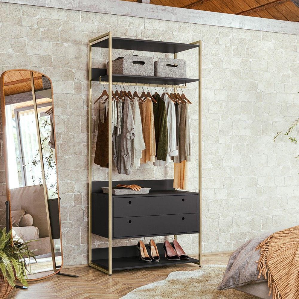Guarda-Roupa Closet Industrial Olivar com Cabideiro 2 Gavetas 89cm - Preto