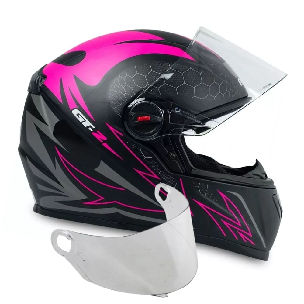 Capacete Fw3 Fechado Gt2 Preto Fosco Rosa Mais Viseira Cristal 2.2mm