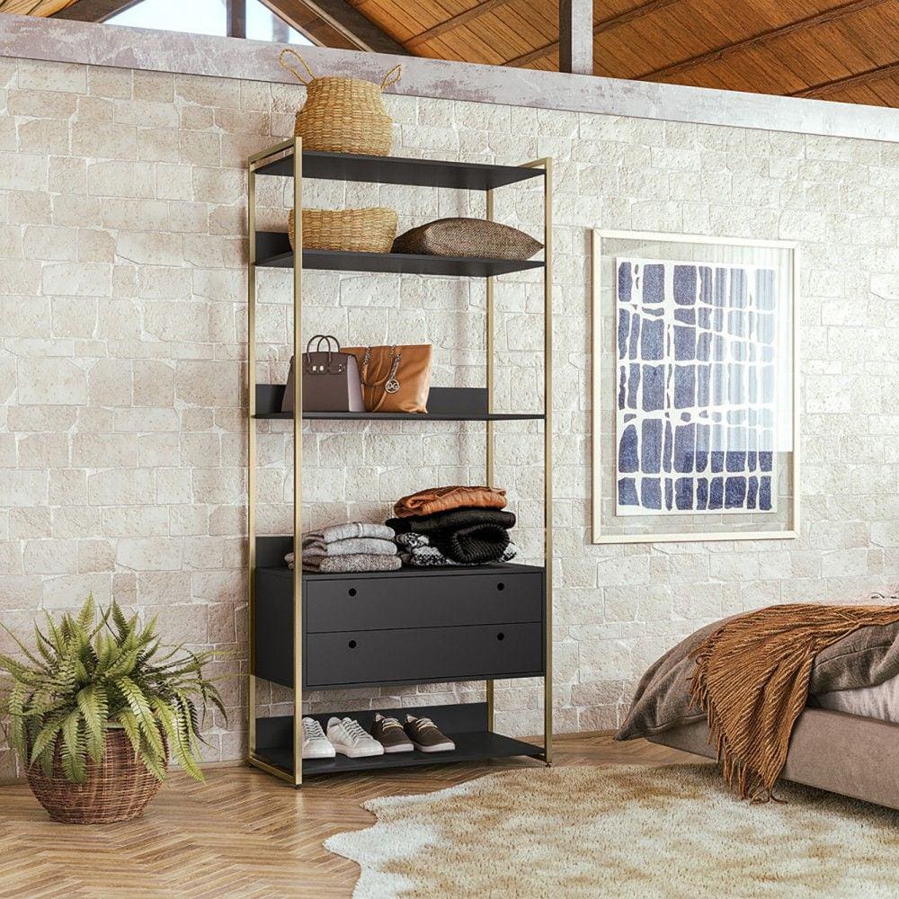 Closet Industrial Estante 2 Gavetas 5 Prateleiras Preto - Olivar Móveis