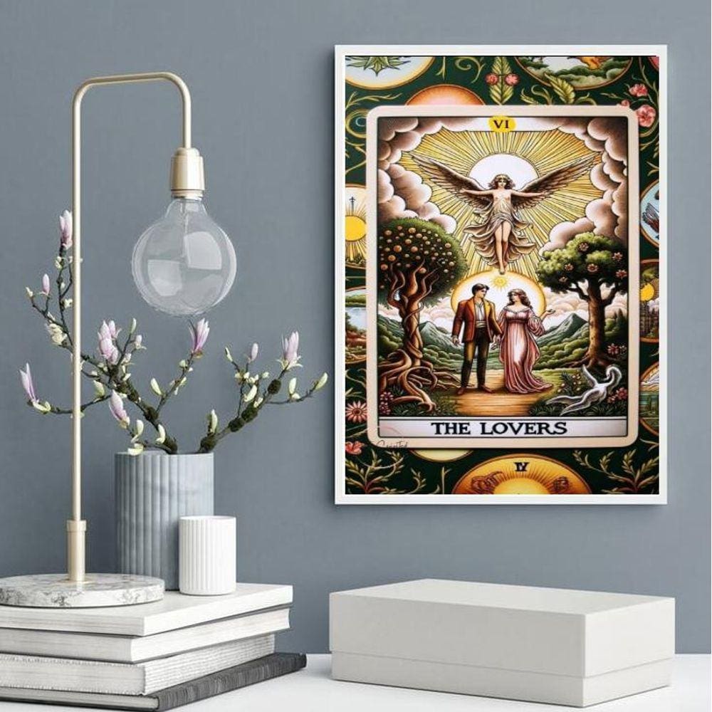 Quadro Decorativo Carta Tarot The Lovers- Floral 45X34Cm