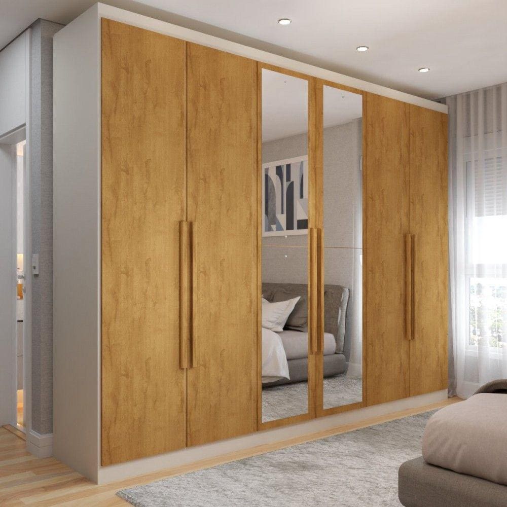 Guarda-Roupa Casal Madalena 6 Portas 6 Gavetas 100% Mdf com Espelho Off White/Peroba - Panorama Móveis