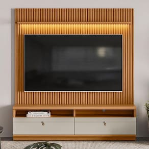 Estante para TV Até 75 Polegadas Ouro Preto 2 Gavetas com Led 180 Cm Nature/Off White - Linea Brasil