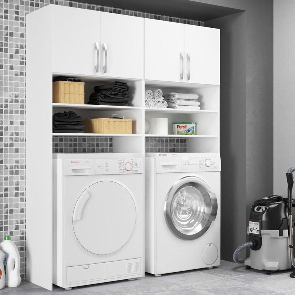 Armário Lavanderia Multiuso 4 Portas 6 Nichos Duplo Branco