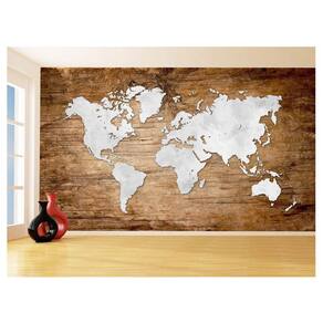 Papel De Parede 3D Mapa Mundi Madeira Concreto 3,5M Nmu22