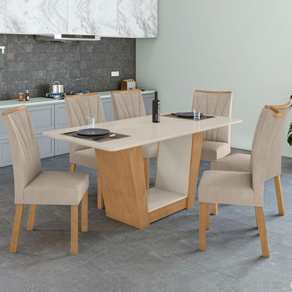 Mesa de Jantar 6 Lugares Luiza com Vidro Amêndoa Clean/Off White/Veludo Naturale Creme - Panorama Móveis