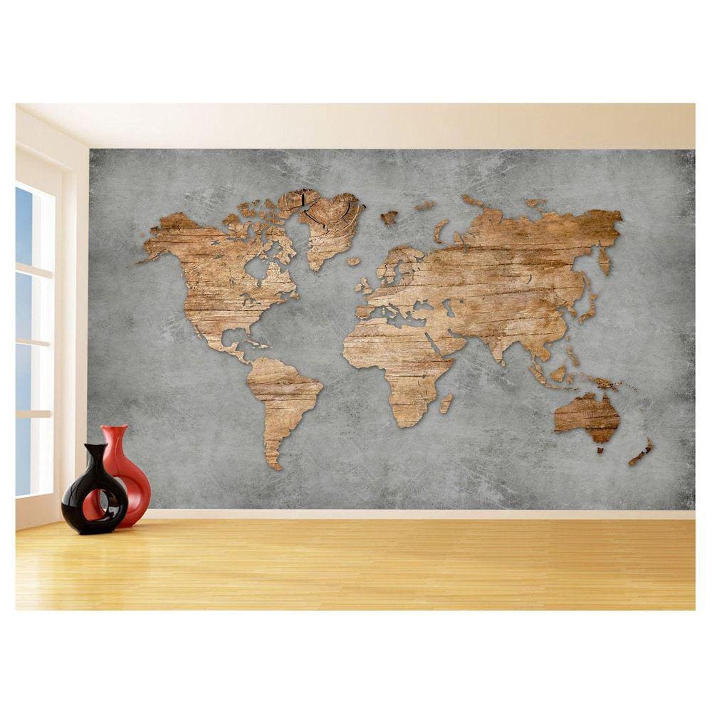 Papel De Parede 3D Mapa Mundi Madeira Concreto 3,5M Nmu31