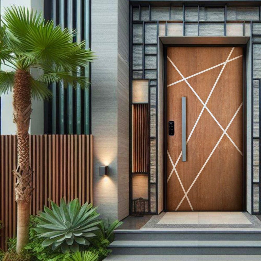 Kit Porta de Madeira Frisada 215x117cm Batente 14cm Fechadura Digital e Puxador Rodam Natural