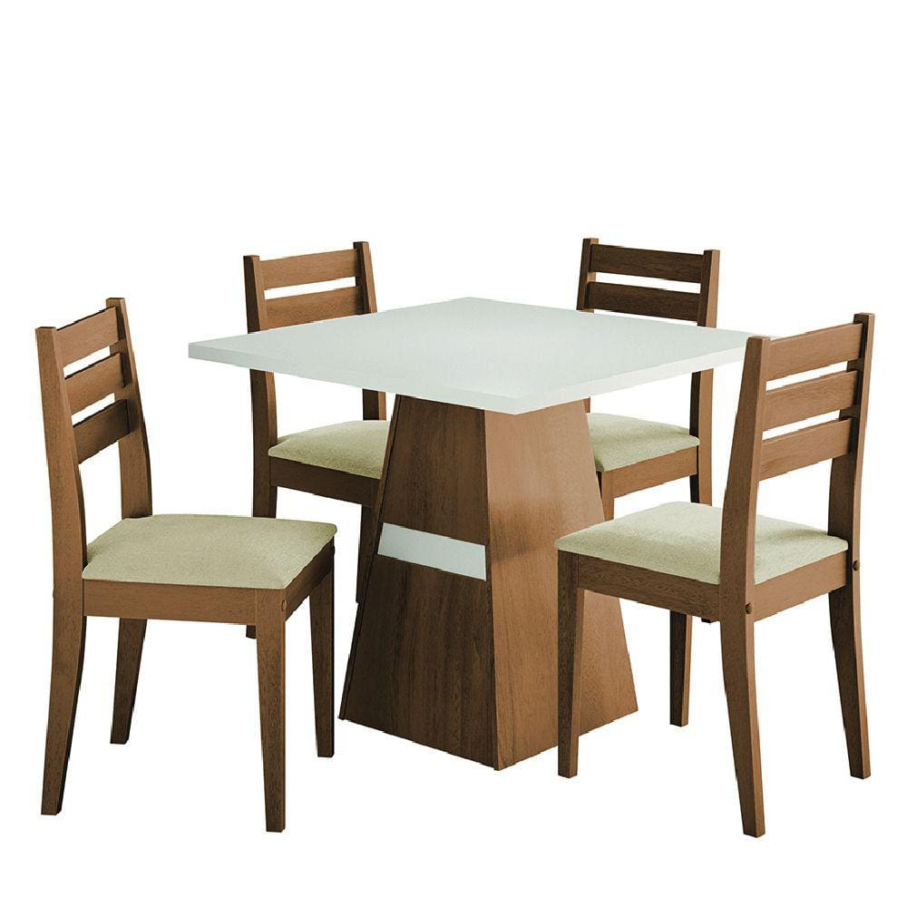 Conjunto Sala de Jantar Mesa Dakar 0,90m 4 Cadeiras Cedro / Off White / Bege Dobuê