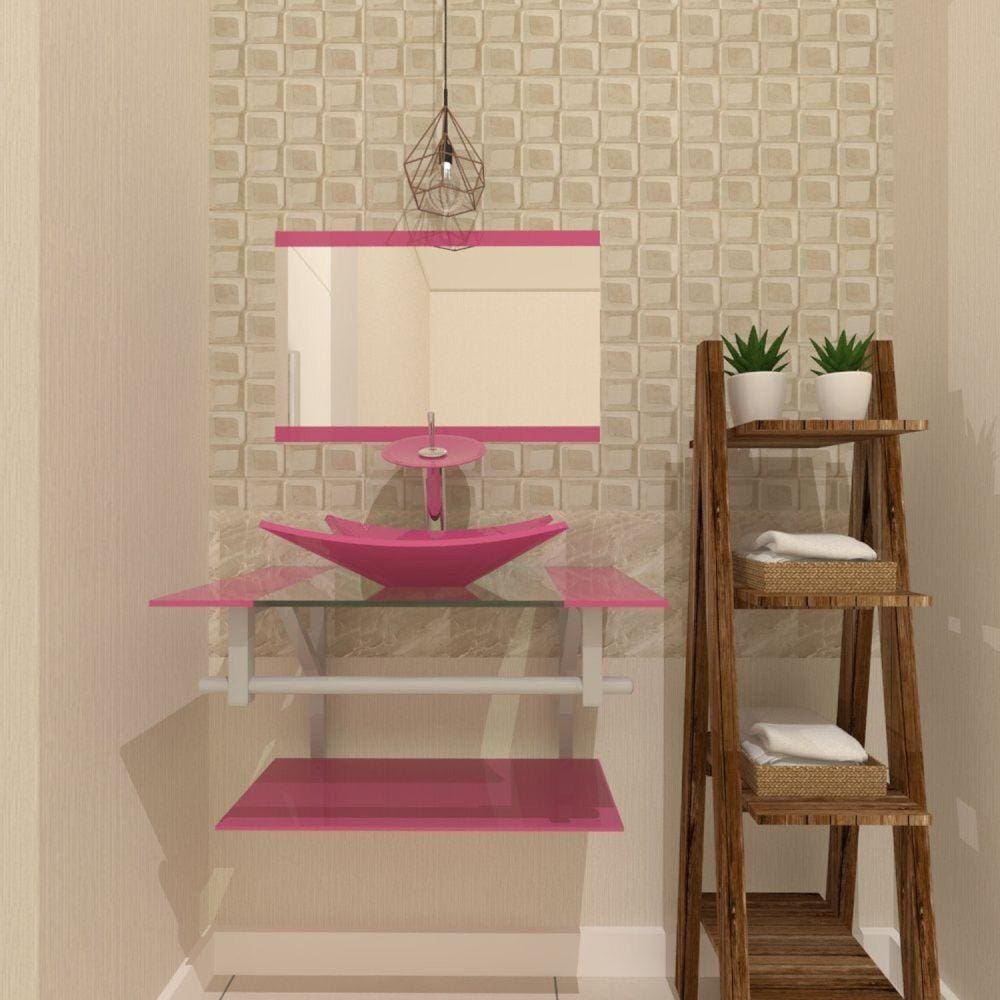 Gabinete de Vidro 60cm com Cuba Retangular Rosa