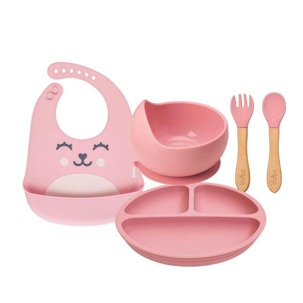 Kit Pratinho Bowl Babador E Talher Silicone Buba - Rosa