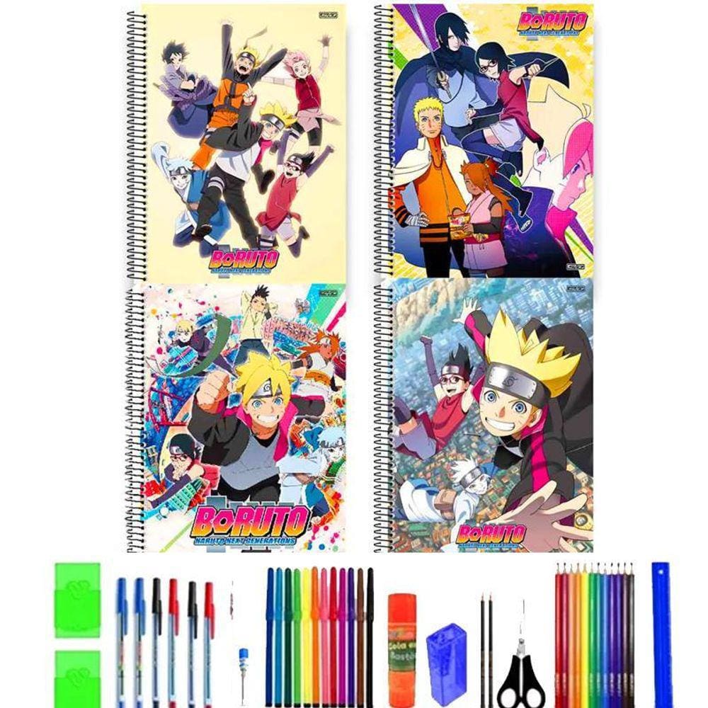 Kit 4 Cadernos Boruto Grande Arame Capa Dura Com 40 Itens