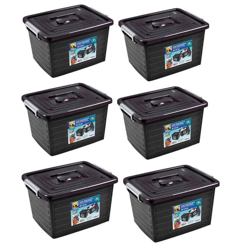 Kit 6 Caixa Organizadora Multiuso Preta Com Tampa 30L