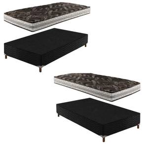 2 Bases Box Solteiro Íris 42x88x188cmcom Kit com 2 Colchões Solteiro Unique D33 Plus 14x88x188cm Preto Elegancy
