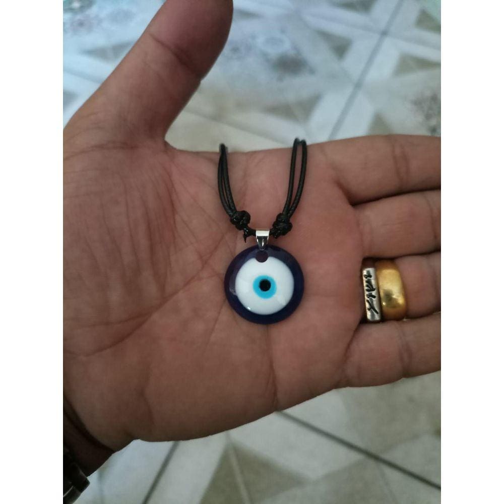 Colar Ajustavel Olho Grego Pingente Cabochon Redondo Vidro