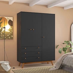 Guarda Roupa Casal Retrô Versalhes 3 Portas 3 Gavetas Preto - Olivar Móveis
