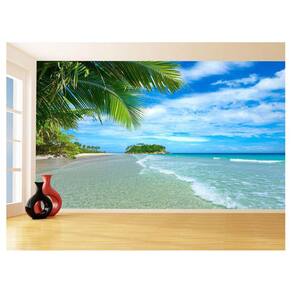 Papel De Parede 3D Praia Mar Onda Coqueiros Céu 3,5M Npr258