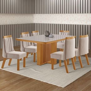 Mesa de Jantar 6 Lugares Kiev com Vidro Cinamomo/Linho Bege - Panorama Móveis