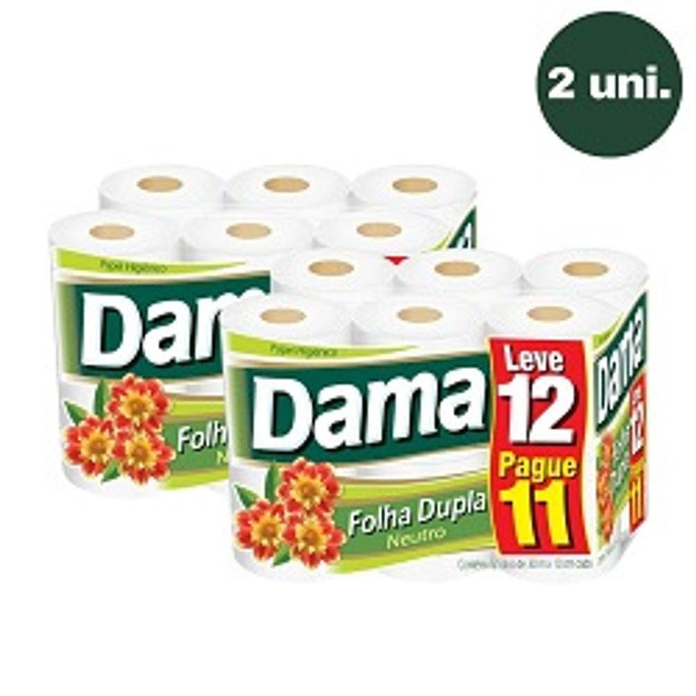 Kit Com 2 Papel Higiênico Dama Folha Dupla Neutro 12 Rolos 30 Metros