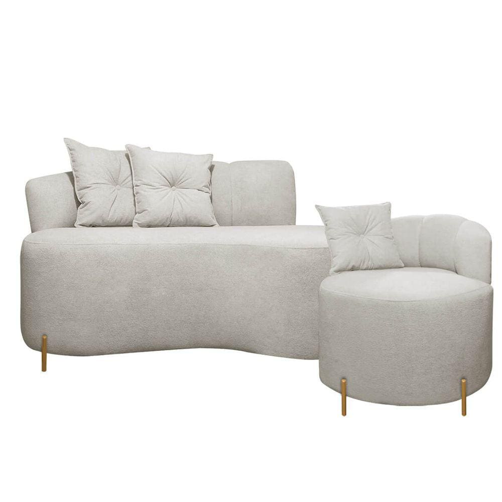Sofá Redondo Grécia 1.45m 2 Lugares + Poltrona Bouclê Bege Com Pés de Metal SOFA STORE