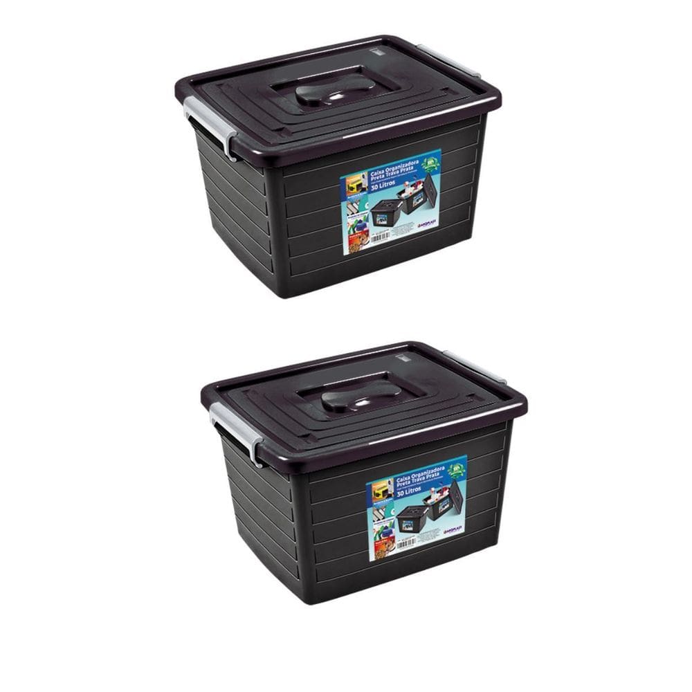 Kit 2 Caixa Organizadora Multiuso Preta Com Tampa 30L